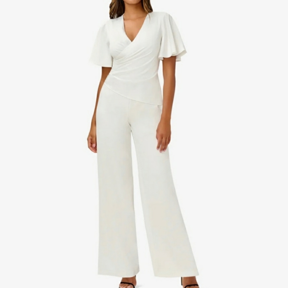 Adrianna Papell Satin Crepe Faux Wrap Jumpsuit with Flutter Sleeves in Ivory
